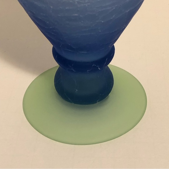 Vintage Hand Blown Crackle Glass Frosted Blue Vase with Green 7 1/2 inch - Picture 3 of 5